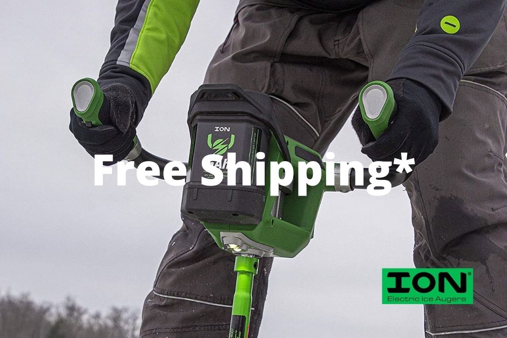 A man in a green jacket is holding an Ion® 40V Electric Auger with Reverse ARDISAM A43405 PWR AUGER CP1 with the words free shipping.