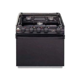 An Atwood 21 inch 3 Burner Stove & Oven with Piezo Ignition with four burners on it.