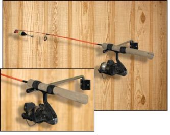 Two pictures of a Lindell Rod Holder hanging on a wall.