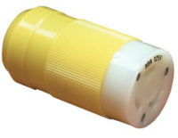 A yellow and white Marinco® 30 Amp Male Plug on a white background.