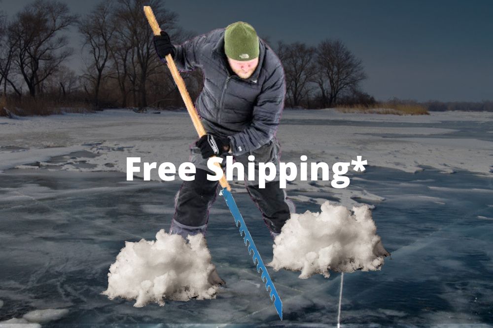 A man with a Fish's Ice Saw on a frozen lake with the words free shipping.