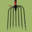 An Amish Ice Fishing Spear - Round Head - 7 Tines with a red handle.