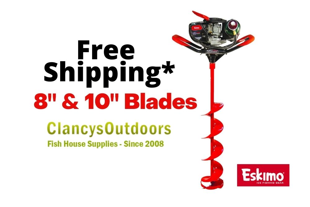 A red Eskimo® HC40 Propane Ice Auger 8 Inch or 10 Inch with the words free shipping and 8 10 blades.