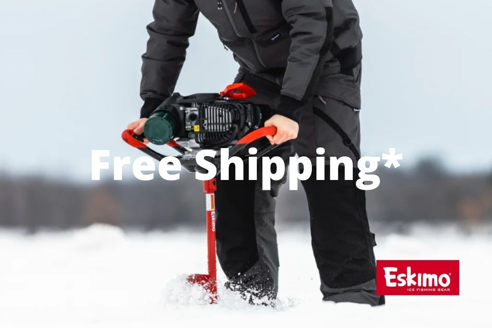 A man is holding an Eskimo® HC40 Propane Ice Auger 8 Inch or 10 Inch in the snow with the text free shipping.