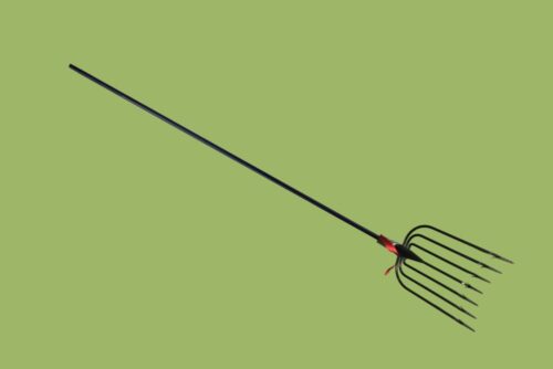A Amish Ice Fishing Spear - Round Head - 7 Tines on a green background.