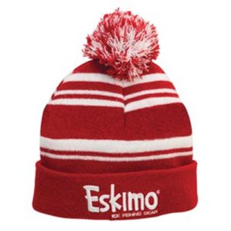 A red and white striped Eskimo Augers Heavyweight Striped Knit Hat 23050 with the word eskimo on it.