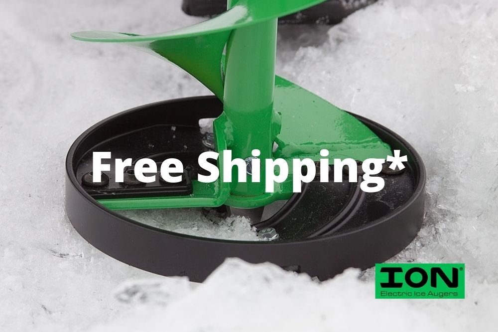 A green Ion® Ice Auger Cast Bottom Accessory 8 or 10 Inch with the words free shipping.
