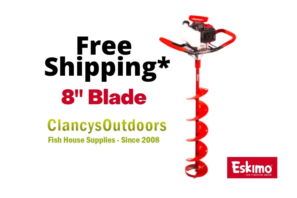 A red Eskimo Stingray 33cc 2-Cycle Viper® Engine Ice Auger with the words free shipping 8 blade clancy outdoors.