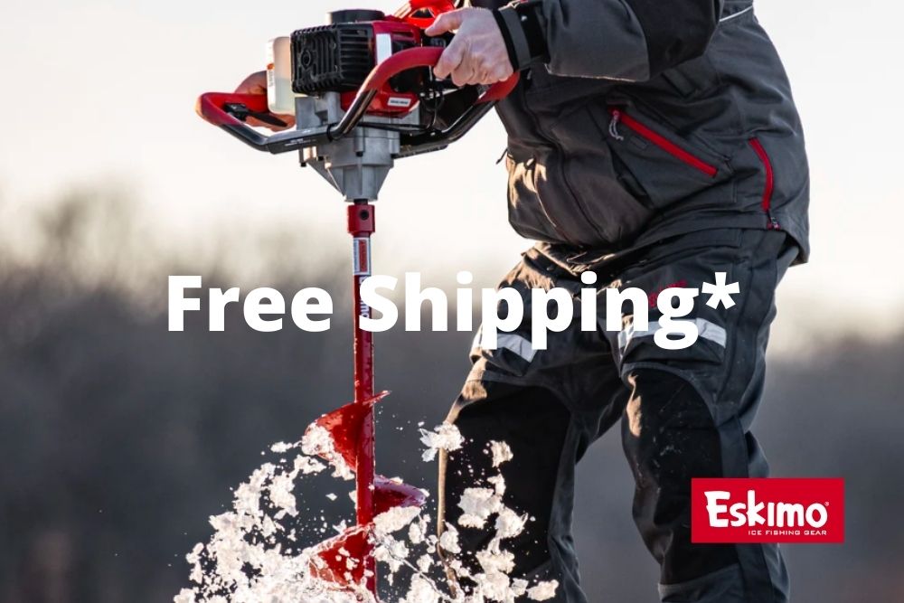 A man is using the Eskimo Stingray 33cc 2-Cycle Viper® Engine Ice Auger with the text free shipping.