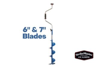 A blue StrikeMaster Mora Hand Crank Auger with the words 6 & 7 blades.