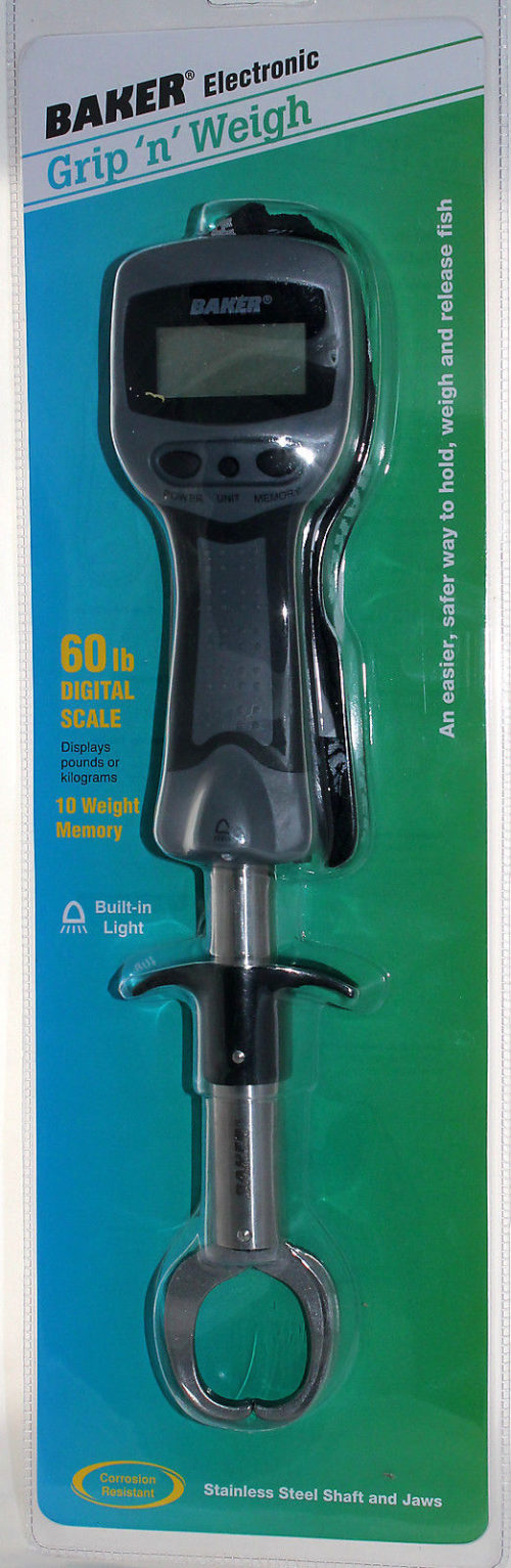 A Baker Electronic Grip 'N' Weigh 60 LBS BGW60E scale in a package.