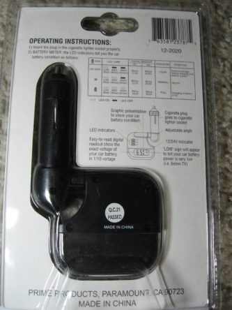 A package of a Prime Products Voltage Meter 12-2020 with instructions on it.