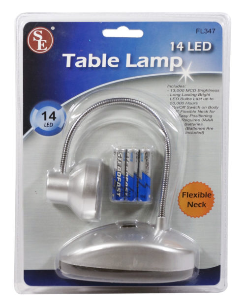 A 14 LED Table Lamp FL347 Batteries Included with a battery and a charger.