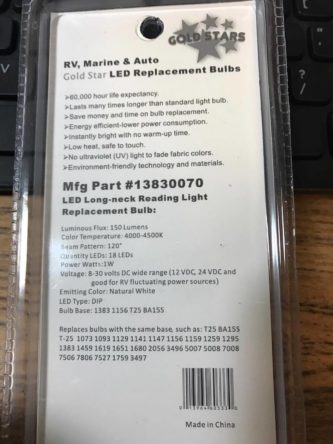 A package with an LED Long-Neck Reading Light Replacement Bulb in it.