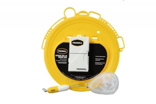 A Frabill Ice Deluxe Bait Lid with Aerator with a yellow handle and a plastic handle.