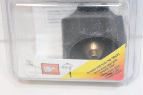 A black plastic container with a Mr. Heater Propane Grill Acme Nut (Black) plug in it.