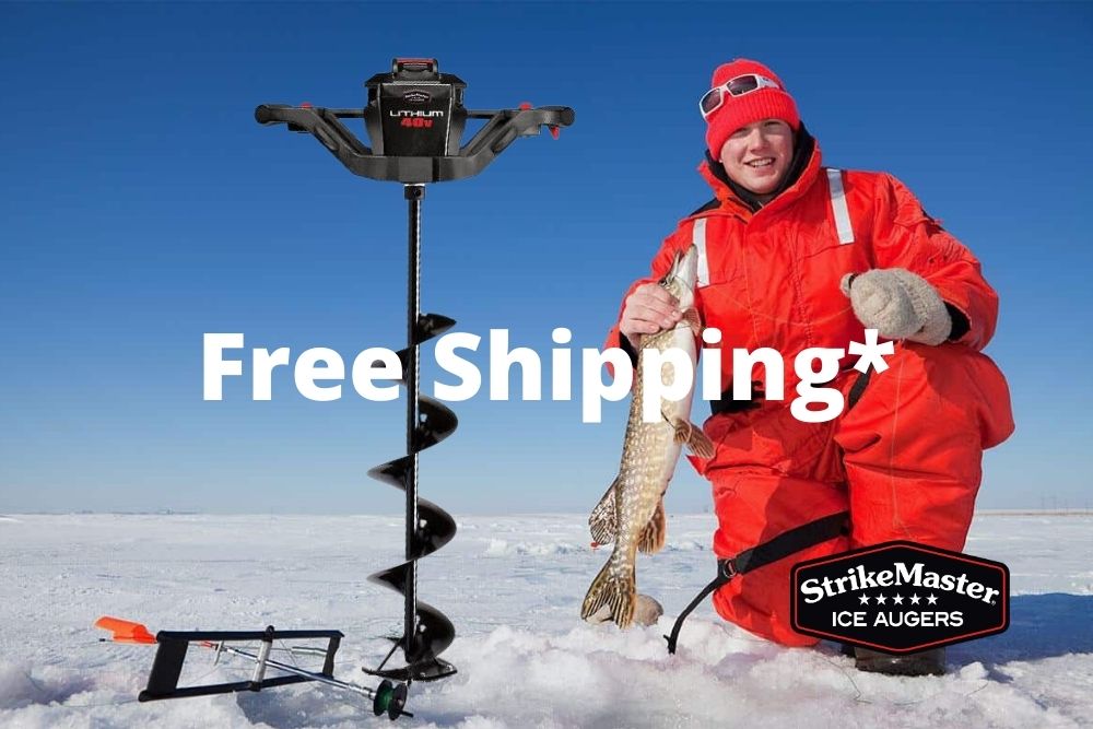A man in a red jacket is kneeling in the snow with a Strikemaster 40 volt 8" or 10" Lithium Ion Electric Ice Auger - Reverse - Optional Extra Battery.