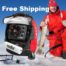 A man in a red jacket is holding a Vexilar FLX-28 Ultra Pack W/Pro View Ice Ducer fishing bag with a fish in it.