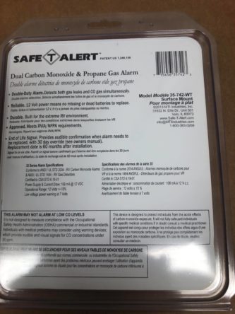 A package of the MTI Industries 35-742-WT Safe T Alert 35 Series Dual LP/CO Alarm - Flush Mount, White gas alarm.