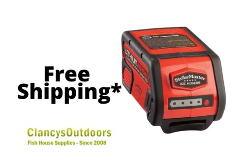 A red Strikemaster 40 Volt Lithium Ion Battery with the words free shipping.