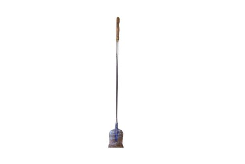A blue Amish Custom Made Wood Handled Stainless Steel Spear with a wooden handle on a white background.