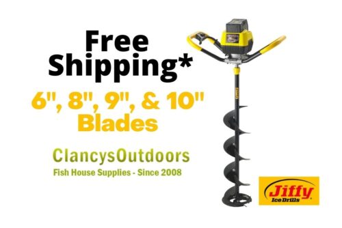A Jiffy® Lightning(TM) 40 V Lithium Ion Ice Auger with the words free shipping and 6 8 & 10 blades.