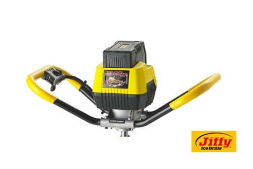 A Jiffy® Lightning(TM) 40 V Lithium Ion Ice Auger with a yellow handle and a yellow handle.