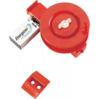 A red Productive Alternative RR100 Rattle Wheel Reel Ceiling Mount with a battery attached to it.