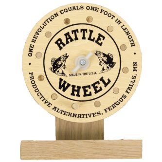 A wooden Productive Alternative RR100 Rattle Wheel Reel Ceiling Mount with the words battle wheel on it.