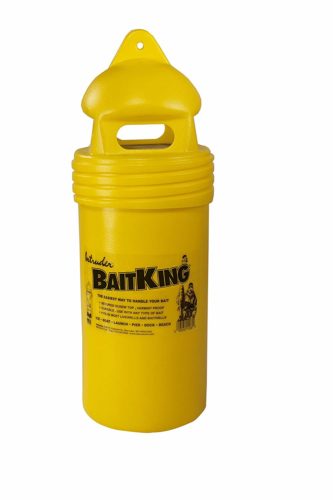 A yellow bucket with the word Intruder BaitKing Live Bait Bucket on it.