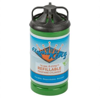 A Flame King Propane Refill Kit and 1lb Refillable Cylinder with a green lid and a black handle.
