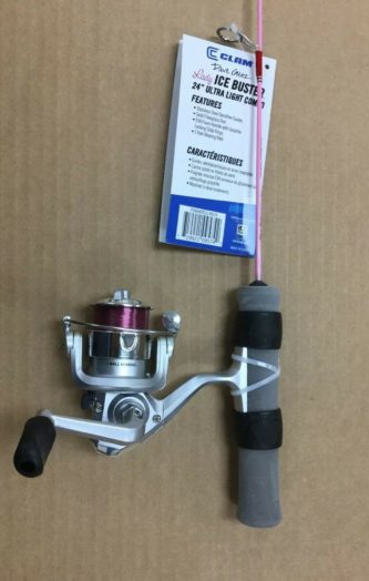 A fishing reel with a Clam Lady Ice Buster Ice Fishing Combo 24" 9574 rod and a package.