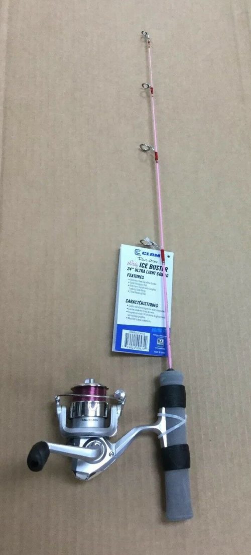 A Clam Lady Ice Buster Ice Fishing Combo 24" 9574 on a cardboard box.