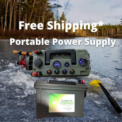Clancy’s Outdoors power box portable power supply, portable power supply, mobile power supply, portable power source, portable power supply for ice fishing, portable power supply for hunting, portable power supply for camping, small portable power supply, portable power supply for small electronics, portable power bank