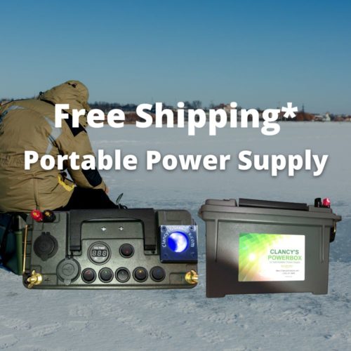 Clancy’s Outdoors power box portable power supply, portable power supply, mobile power supply, portable power source, portable power supply for ice fishing, portable power supply for hunting, portable power supply for camping, small portable power supply, portable power supply for small electronics, portable power bank