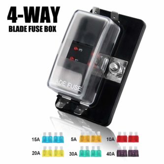 A 4-Way Blade Fuse Box 12~32V 4-Circuit Fuse Block with Cover for Automotive, Boat, Marine with different colors.