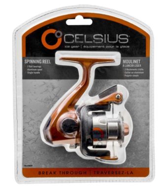 A Celsius ice Fishing Reel CEL-210/CP in a package.