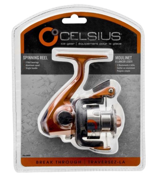 A Celsius ice Fishing Reel CEL-210/CP in a package.