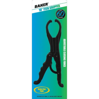 A black and blue sticker with a silhouette of the Baker 10" Fish Gripper FG10 in a pose.