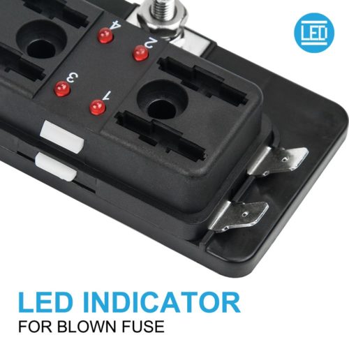 Led indicator for 4-Way Blade Fuse Box 12~32V 4-Circuit Fuse Block with Cover for Automotive, Boat, Marine.