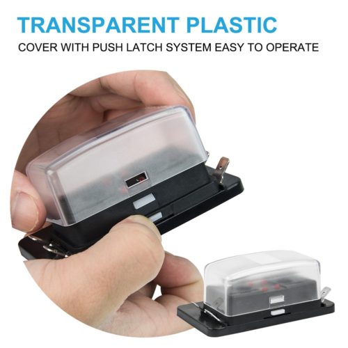 Transparent plastic cover with push latch system easy to operate, 4-Way Blade Fuse Box 12~32V 4-Circuit Fuse Block with Cover for Automotive, Boat, Marine.