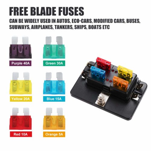 A set of 4-Way Blade Fuse Box 12~32V 4-Circuit Fuse Blocks with different colors.