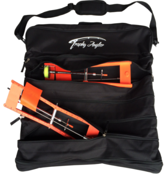 A Trophy Angler Standard Tip-Up & Storage Carrier bag with two orange tools in it.