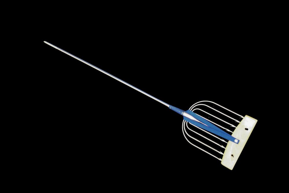 A blue and white Amish Made Stainless Steel Fishing Spear 9-tine on a black background.