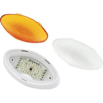 Three LED Oval Porch Lights, Clear & Amber Lenses without switch on a white background.