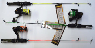 Three HT Neon Ice Combo Assortment fishing rods with different colors on them.