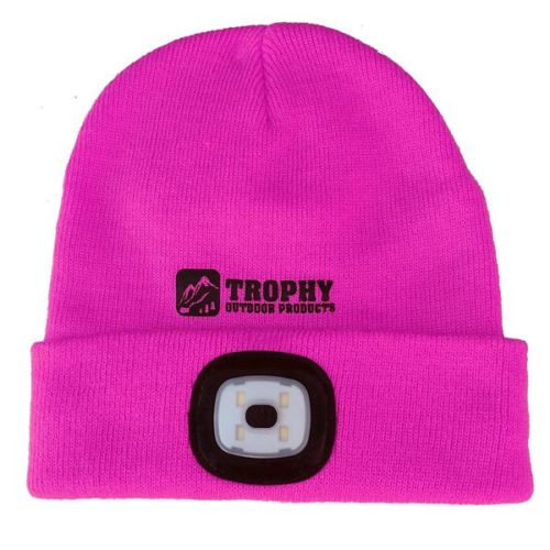 A pink Trophy Outdoor Rechargeable LED Knit Hat with the word trophy on it.