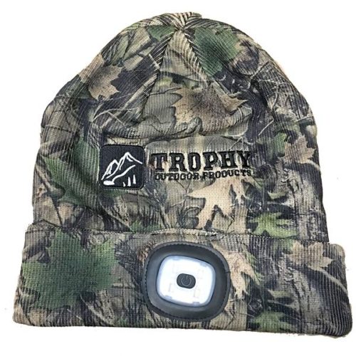 A Trophy Outdoor Rechargeable LED Knit Hat with the word trophy on it.