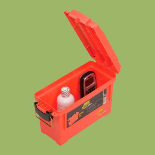 An orange Plano Emergency Box 131252 Ammo Box with a cell phone inside.