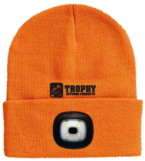 A Trophy Outdoor Rechargeable LED Knit Hat with a led light on it.